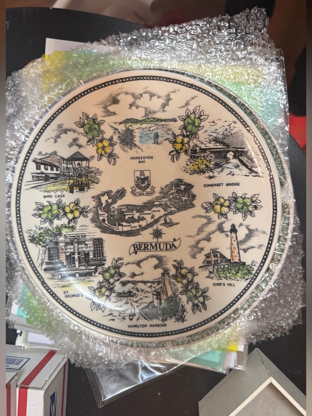 Bermuda Map Decorative Plate with Floral Accents